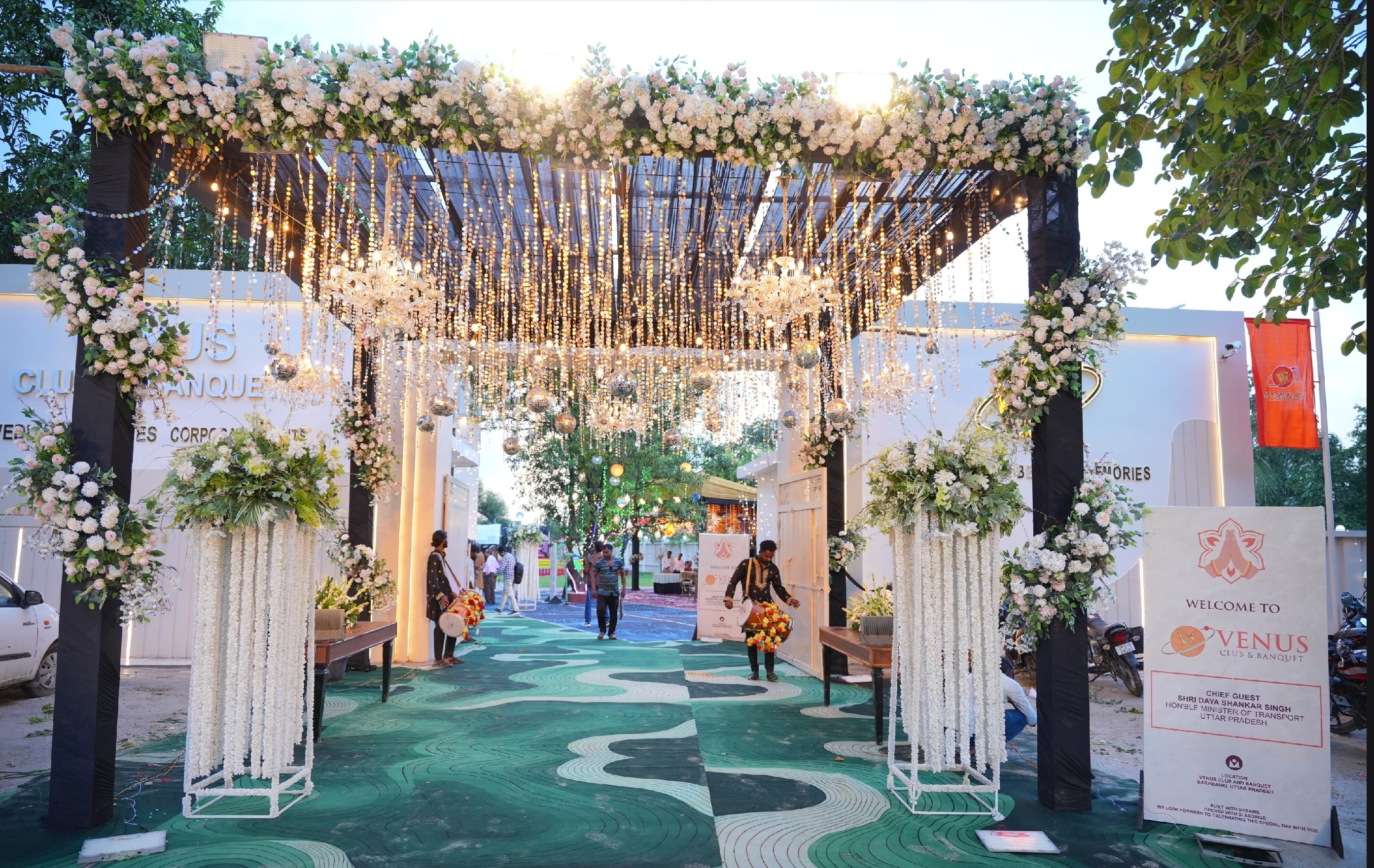 Decorated outdoor entrance and arrival setting at Venus Club